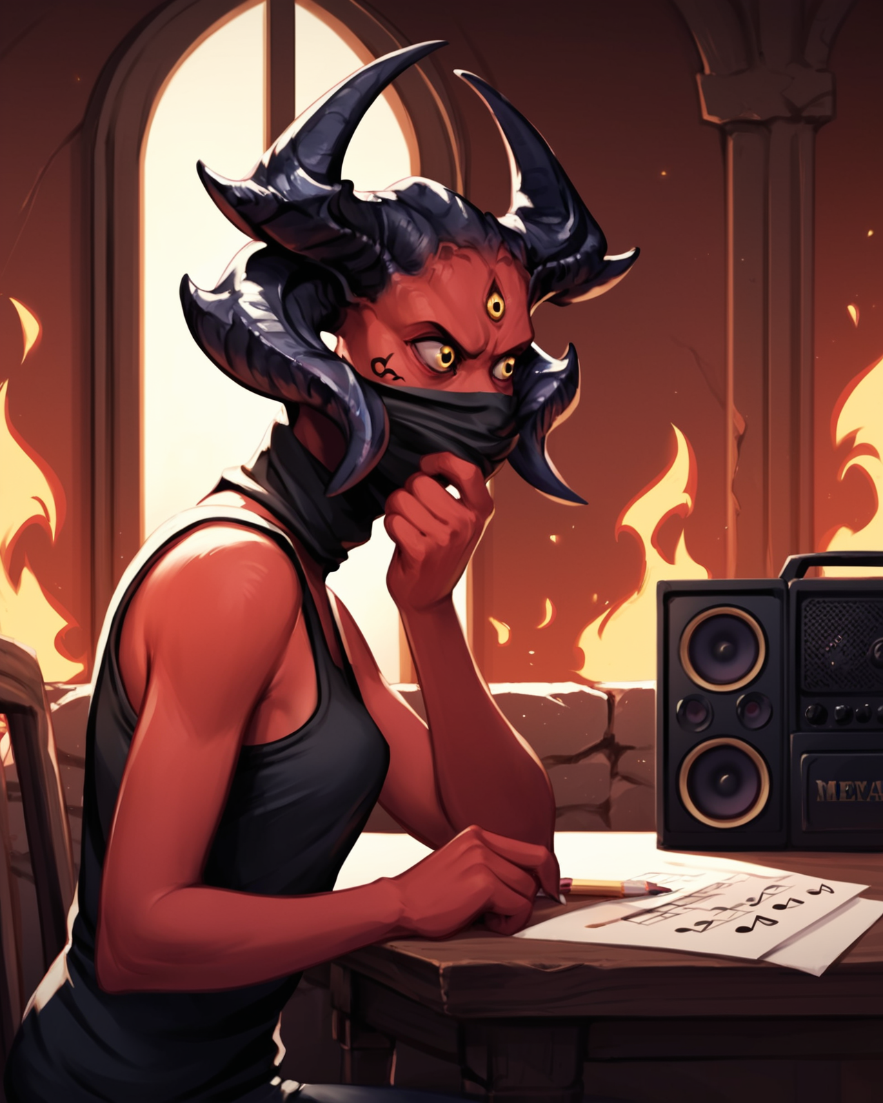 score_9, score_8_up, score_7_up, score_6_up, score_5_up, score_4_up, best quality, highres, detailed background, side view, inside, window, fire, hellish background, red background, stone wall, table, chair, upper body BREAK
<lora:Unknown_Metal_Hellsinger_Pony_SDXL:1> unknown_mh, metal_hellsinger, red body, yellow eyes, 3 eyes, horns, sitting, hand on chin, covered mouth, looking aside, holding pencil, hand on table, (writing:1.1), black tank top, small breasts, boombox, (musical note:1.1)
