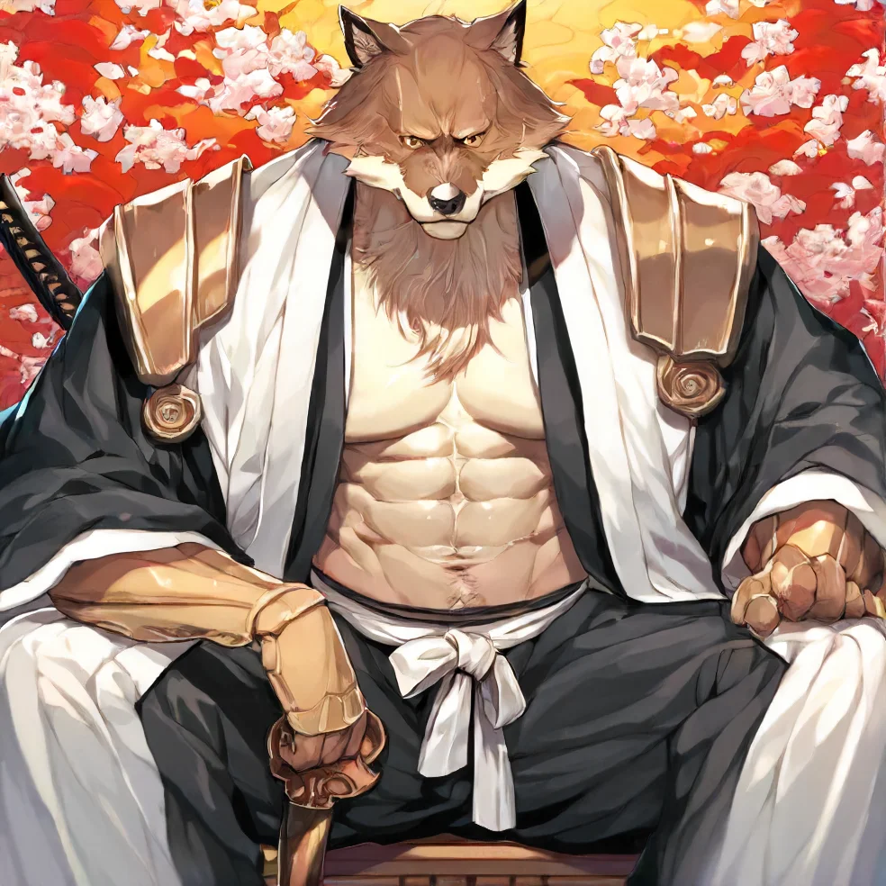 score_9, score_8_up, score_7_up, detailed background, <lora:Sajin_Komamura-000009:0.9> sajin komamura, wolf, wolf boy, male focus, 1boy, solo, bara, Japanese clothes, weapon, sitting