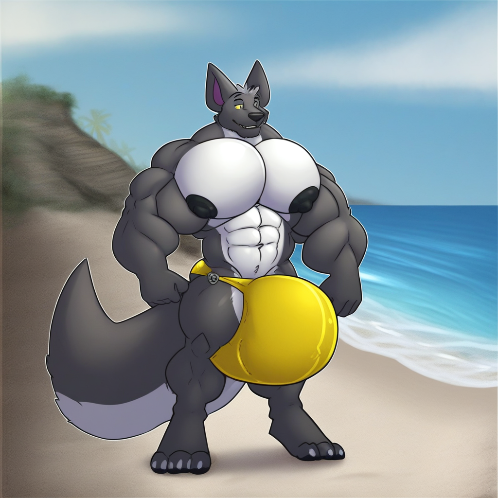 Muscular male, furry, male swimwear, solo, sexually explicit swimwear, standing, outside, beach, hyper bulge