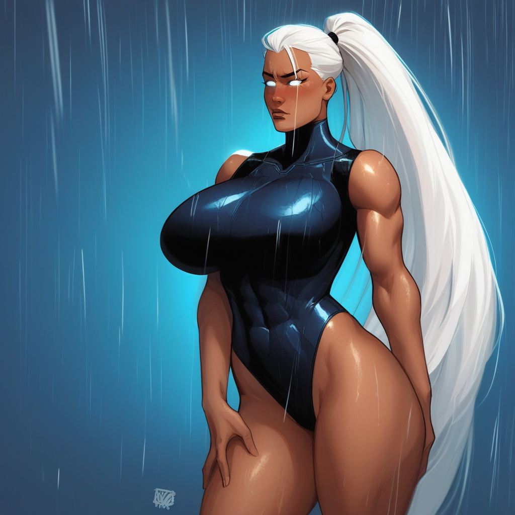 Source_anime, x-men, x-men:_the_animated_series, marvel, ((score_9)),score_8_up,score_7_up,score_6_up,score_5_up,score_4_up, 1girl, solo, storm_(x-men), (N44V5STYL3V1:1.2), white eyes, no pupils, black eyelashes, long hair, white hair, high ponytail, adult female, (dark skin), dark-skinned_female, massive breasts, big ass, curvy, skinny, thick thighs, bare legs, tall, fit, ass_visible_through_thighs, bodysuit, impossible clothing, leotard, blushing, blue background background