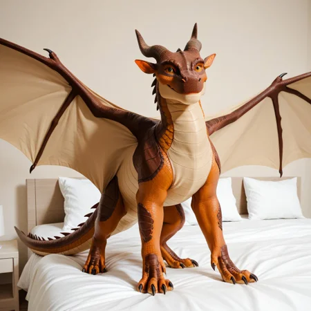 score_9, score_8_up, score_7_up, score_6_up, score_5_up, score_4_up, masterpiece, high quality, realistic, detailed, best quality, white bed, solo, rating_safe, source_furry, bedroom, smiling, happy, detailed eyes, detailed face, (looking at viewer, standing), Mudwing_wof, brown scales, squarish face, darker colored snout, tan underbelly, dragon, horns, claws, wings, tail, feral, 1girl, female
