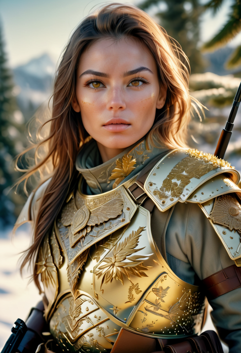 RAW Photo, a veteran mstltmrc, beautiful woman, detailed skin with visible pores, winter landscape, weapon on back, elite soldier, intricate details, masterpiece, highly detailed, 35mm photograph, kodachrome, dslr, sharp focus