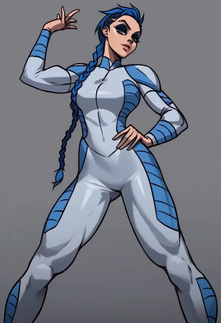 score_9, score_8_up, score_7_up, anna,
solo,1girl ,breasts, braid, blue hair, long hair, braid,great shading,,open eyes, eyeshadow, blue eyeshadow,makeup,, eyebrow piercing, piercing,
blue motosuit,
standing pose, looking at viewer, full body
gray background,