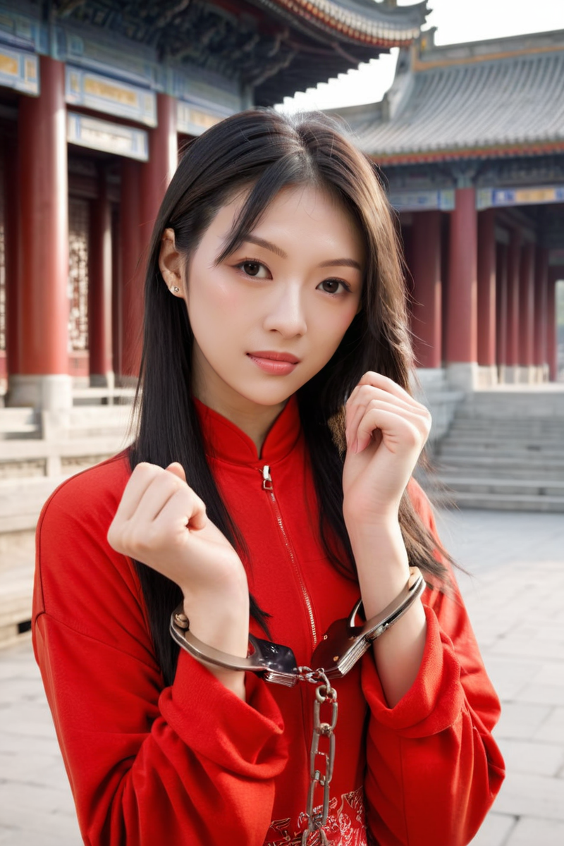 (masterpiece,best quality,ultra highres:1.1),uncensored,prefect lighting,side_light,rating_explicit,very aesthetic,BREAK 
beautiful face,(exquisite face:1.1),skin texture,sweat and pure,<lora:neg4all_bdsqlsz_xl_V7:1> <lora:RMSDXL_Enhance:1>,
1girl 18yo,beautifly,
handcuffs,chain of handscuffs,handcuffed,
<lora:handcuffs_XL_1_-000007:1.1>,red print_cheongsamthe background is the temple of heaven in beijing ,