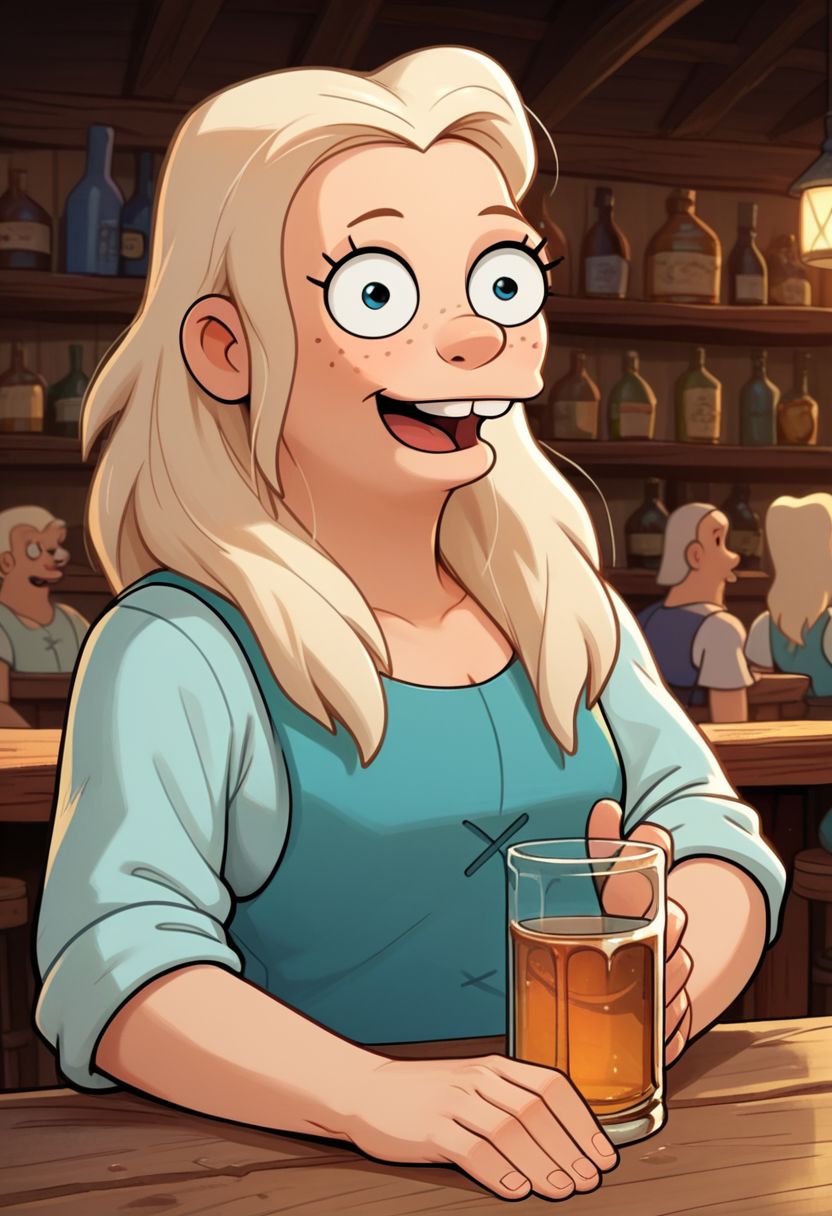 score_9, score_8_up, score_7_up, score_6_up, score_5_up, score_4_up, rating_questionable, Tiabeanie, in a tavern, happy, liquor bottle, cartoon, freckles, fFaceDetail, OverallDetail, solo,