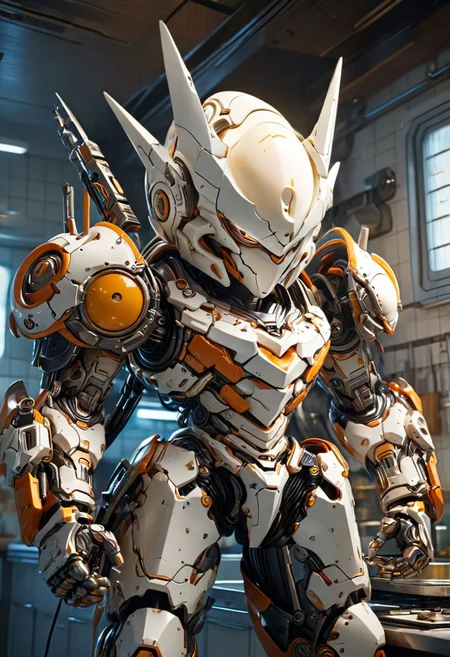(Image of a goofy hard boiled white egg with eyes and a face and arms and legs in armor and helmet that is holding a fork on the kitchen), 
BREAK
Masterpiece, 8k, sharp image, highest-quality, intricate details, highly detailed, micro-details, micro-details within the micro-details, sharp edges, detailed textures, wide angle, cinematic view, full view, atmospheric lighting, visually stunning, high contrast, fantasy, 1image, trending on artstation <lora:add-detail-xl:1.5>  <lora:Mecha_Ggorgeous_Armor:0.6>  <lora:MJ52:0.4>