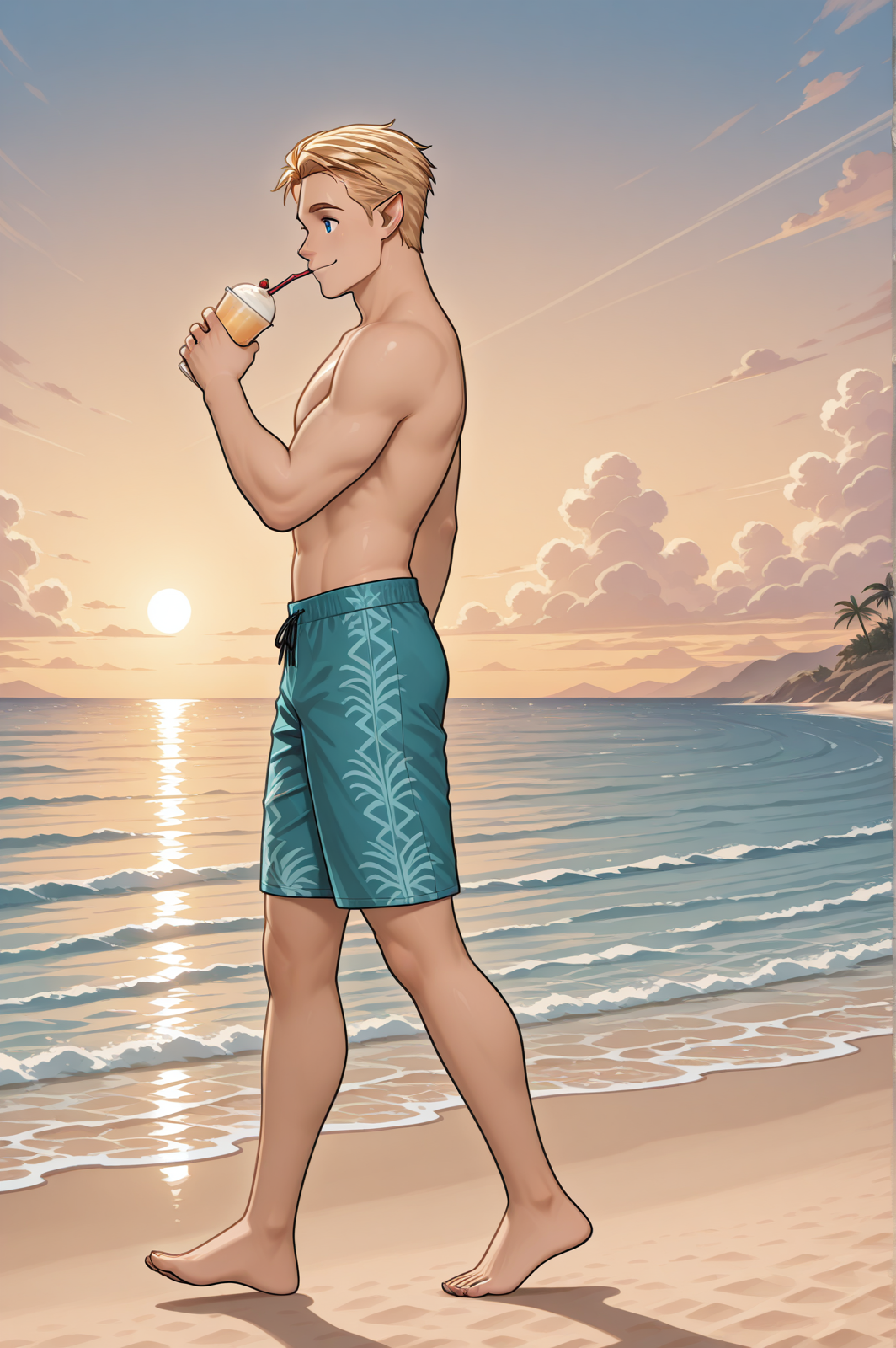 <lora:TyDecoy:1> 1boy, tydecoy, elf male, muscular, blonde hair, blue eyes, pointy ears,
smile, hawaïan swiming shorts, walking, (drinking smoothie:1.2), full body
beach, ocean, sunset, side view,, masterpiece,best quality,amazing quality,newest, absurdres, highres, detailed eyes, beautiful, perfect eyes, finely detailed face, very aesthetic,
