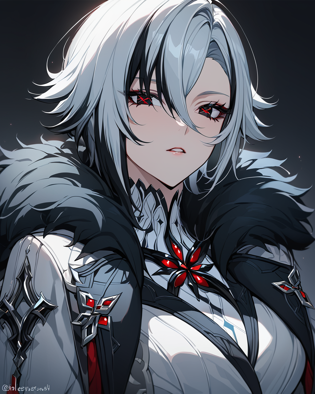 best quality, masterpiece,lora:arlecchino_new:1>ï¼red_pupils, simple_background, solo, black_gloves, twitter_username, x-shaped_pupils, 1girl, arlecchino_\(genshin_impact\), long_sleeves, fur-trimmed_coat, highres, parted_lips, upper_body, english_commentary