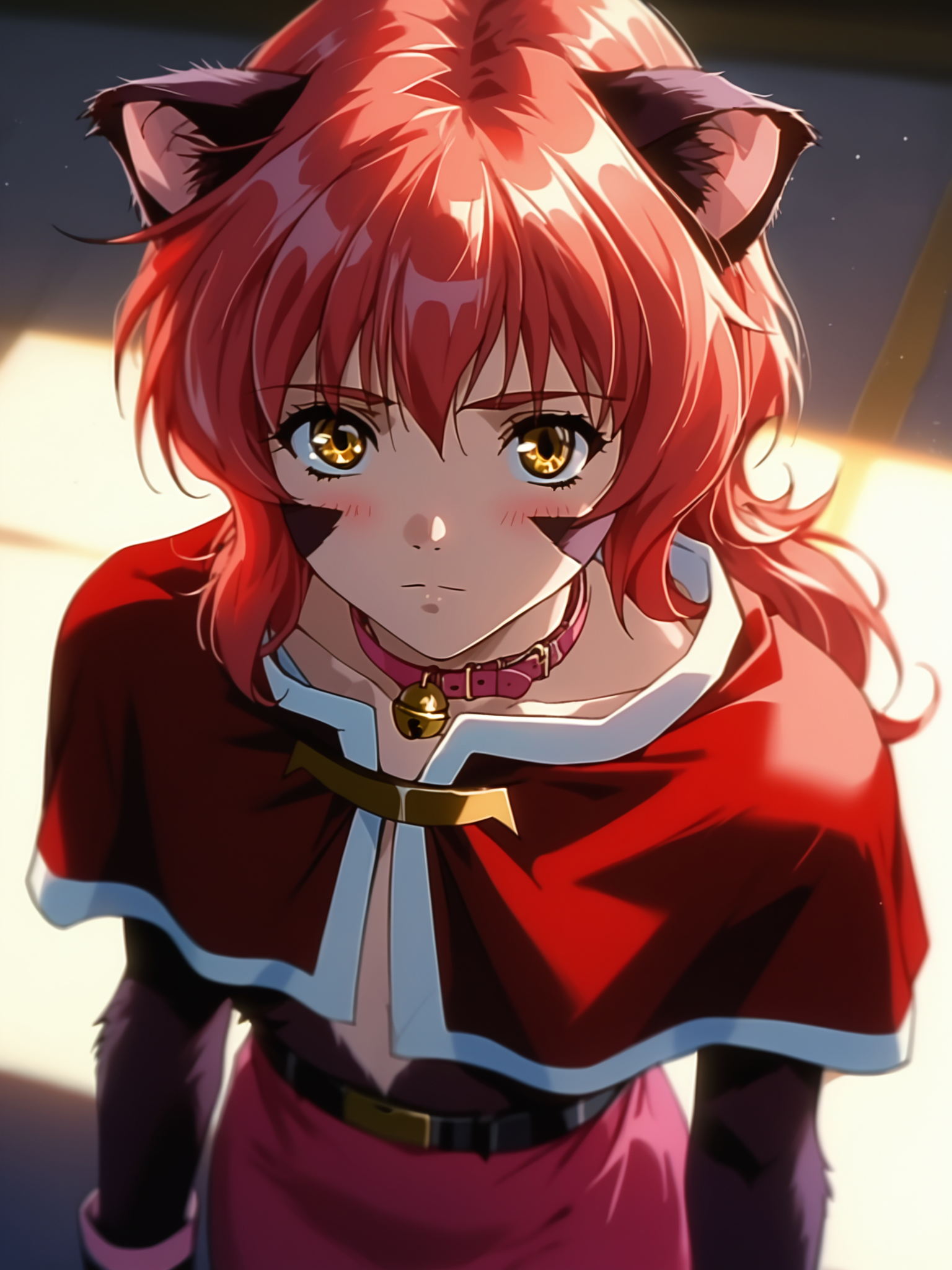 <lora:happy_tentacle-nina-v0.4-000010:0.9>, ht_nina, whisker markings, body fur, pink collar, neck bell, red jacket, cropped jacket, pink skirt, belt, red hair, yellow eyes , cowboy shot, 1girl, (petite:1.2), solo focus, blush, (looking at viewer:1.1), backlighting, (depth of field:0.8), from above, [(realistic, photorealistic:1.2):(realistic:1.3):22], [(3d:1.2)::10], <lora:LUUNA's Lunas-NijiJourney-SDXL-B2:0.5>, nijijourney, <lora:prgfrg23's Counterfeit-V3.0 Style SDXL_LoRA_Pony Diffusion V6 XL:0.35> <lora:Shed_The_Skin's StS_age_slider_v1_initial_release:-1>, score_9, score_8_up, score_7_up, score_6_up, score_5_up, score_4_up,