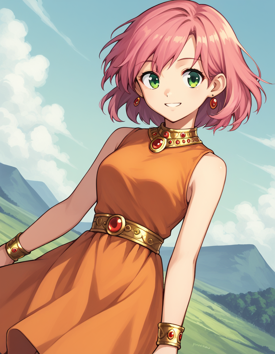 score_9, score_8_up, score_7_up, source_anime,
lennacharlottetycoon, <lora:lenna-charlotte-tycoon-ponyxl-lora-nochekaiser:1>,
short hair, green eyes, pink hair,
normlenna, dress, jewelry, earrings, sleeveless, bracelet, orange skirt, orange shirt, orange dress,
outdoors, landscape, smile,
looking at viewer, solo, cowboy shot, dutch angle,