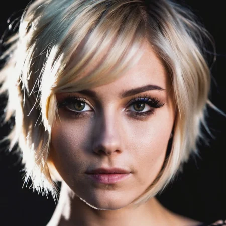 dark shot, photo of cute 24 y.o blonde woman, perfect eyes, skin moles, short hair, looks at viewer, cinematic shot, hard shadows