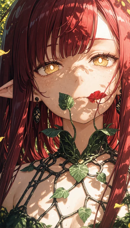 masterpiece, best quality, highres, absurdres, ultra detailed eyes, perfect skin texture, finely rendered hair, 1girl solo, anime coloring, extreme close up, detailed face, landscape, burgundy hair, dark red hair, very long hair, asymmetric bangs, hair strands near face, yellow eyes, light eyes, white pupils, tsurime, intense gaze, emotional eyes, a world in her eyes, skin fang (visible near mouth edge), black stud earring (partially visible), wearing a delicate leaf collar, woven vine shoulder straps, flower petal texture on clothing upper part visible, enchanted forest (implied background), serene atmosphere, soft dappled light on face, nature spirit, elf, gentle, tranquil, whimsical, ethereal beauty, 748cmstyle, usnr, (beautiful detailed eyes:1.3), (bright sunshine:1.3), <lora:HandFixer_pdxl_Incrs_v1:0.5> <lora:None:1.0> <lora:deadpuritySDXLvpred10-step00002300:0.30000000000000004> <lora:Kantoku_Style_for_Illustrious:0.8000000000000002> <lora:banpaiAkiraOSXL_NBVP1_lokr_V6311P:0.30000000000000004> <lora:WSSKX_WAI:0.30000000000000004> <lora:Aura_Phantasy&Shiiro's_Styles-Illustrious:0.30000000000000004> <lora:åå¡ã__ATNR_STYLE-Illustrious:0.05000000000000001> <lora:r17329_illuu:0.05000000000000001> <lora:il_saturation_slider_d1:-0.5000000000000001> <lora:il_color_temp_slider_d1:-1.0000000000000002>