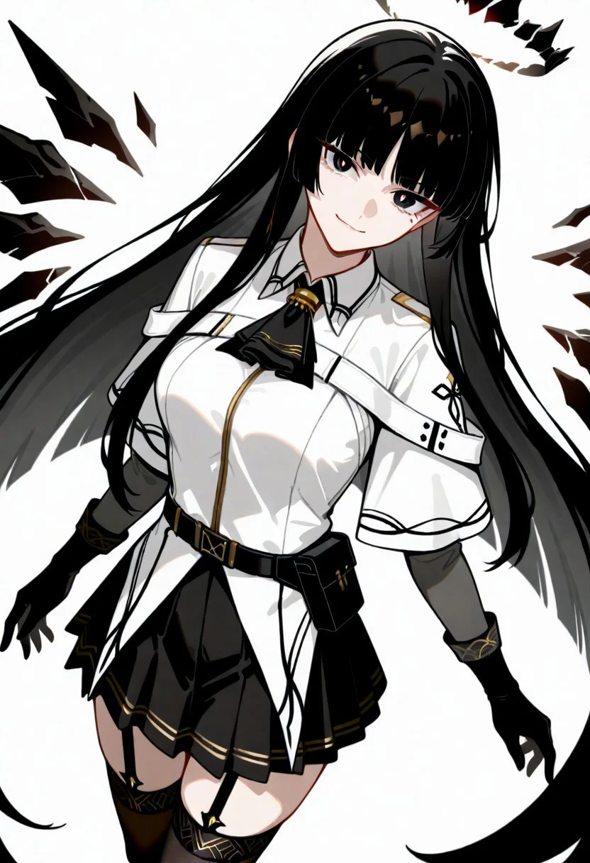 masterpiece, best quality, very aesthetic, absurdres, cinematic, dynamic angle, perfect composition, solo, 1girl, medium breast, Virtuosa, black eyes, yellow pupils, mole under eye, very long hair, dark hair, blunt bangs, sidelocks, dark halo, broken halo, black wings, detached wings, white jacket, collared jacket, wing collar, wide sleeves, black ascot, short over long sleeves, dress shirt, grey shirt, black belt, belt buckle, belt pouch, black skirt, miniskirt, pleated skirt, black thighhighs, garter straps, black gloves, head tilt, slight smile, looking at viewer,