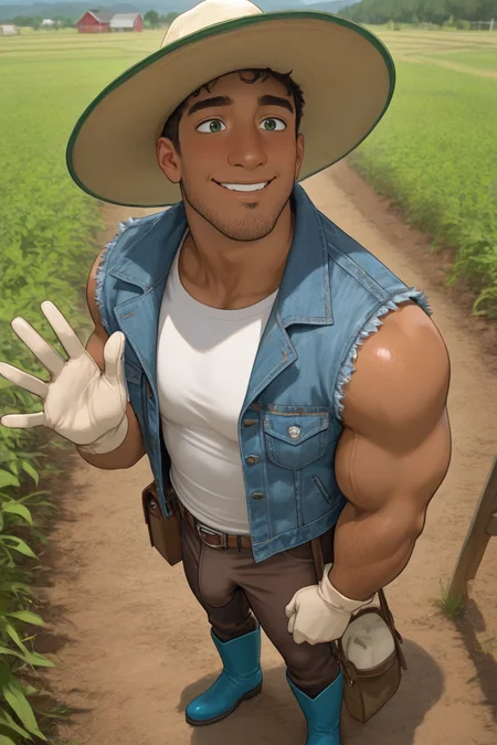 expressive manly face, shadow, dynamic angle, atmospheric perspective, intricately detailed, depth of field, masterpiece, best quality, amazing quality, very aesthetic, absurdres, newest, very awa, 1boy, make focus, solo,coralkenny,dark skin,brown hair,green eyes, tan hat, pubic hair, (penis bulge:0.75), farm, facial hair, stubble, denim jacket, open jacket, white undershirt, sleeveless, brown pants, blue boots, white gloves, bag, smile, waving