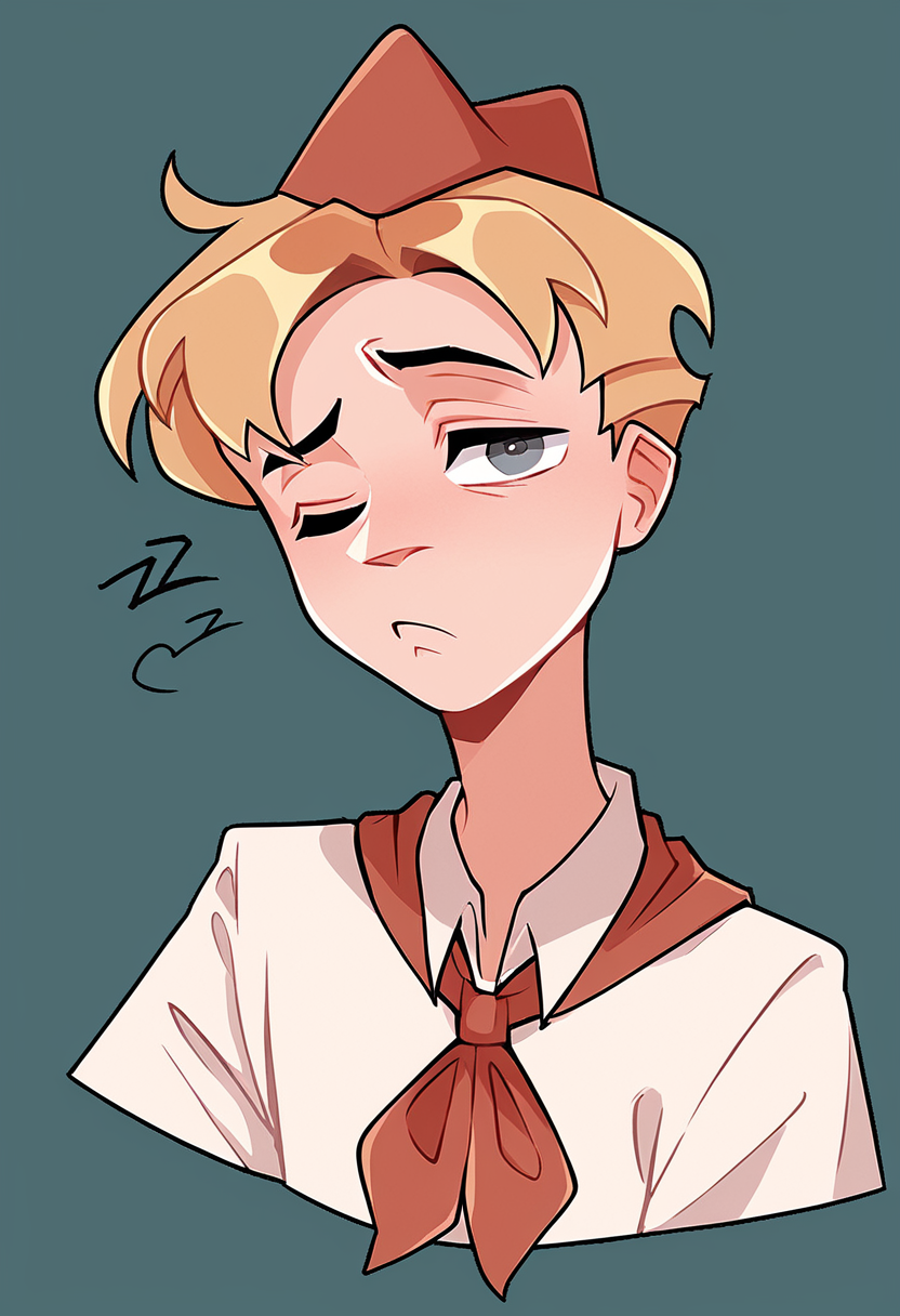 score_9, score_8_up, score_7_up, best quality, highres, blonde hair, solo, shirt, white shirt, simple background, short hair, upper body, 1boy, neckerchief, grey eyes, hat, red neckerchief, sleepy, one eye closed, zzz, looking at viewer, <lora:VladikVk_stikersÐÐ»Ð°Ð´Ð¸Ðº:1>