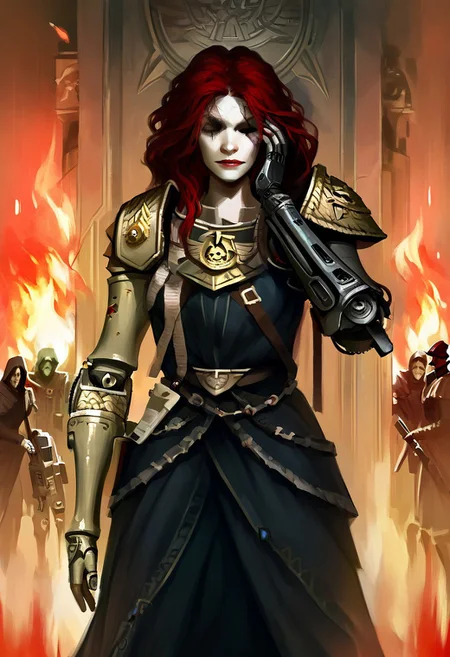 MaleniaRot, scarlet red hair, one eye closed, scar on face, single scar on arm, single mechanical arm, w4rh4mm3r style oil painting, grimdark, sister of battle, flamethrower, fire, guard, guarding, striking a pose, head down, leaning against a wall, Expressiveh, hivecity street, crowded, solo focus, Tyranid swarm in the background