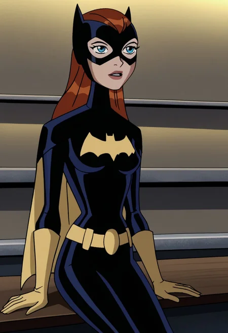 score_9_up, score_8_up, score_7_up, 1 girl, solo, batgirl classic suit, blue eyes, ginger hair, mask, gloves, bodysuit, cape, batgirl classic suit, standing against bar, batgirlkillingjoke, sitting at a bar table, simple background <lora:teentitans_pony_v1:1>
