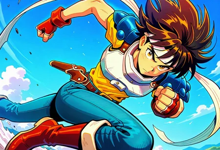 masterpiece, best quality, amazing quality, very aesthetic, absurdres, newest, 1boy, arthuffl3, brown hair, long white headband, blue shoulder pads, white breastplate, yellow shirt, blue jeans, belt with holster, red fingerless gloves, red boots, ((action pose)), close up, looking at viewer