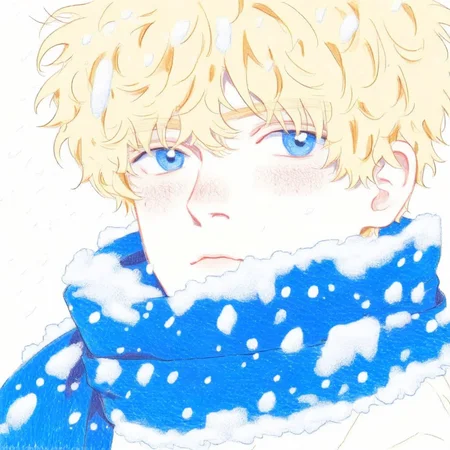 hu99y, 1boy, close-up portrait, anime, bangs, blush, white background, snowing, blond hair, white and blue scarf