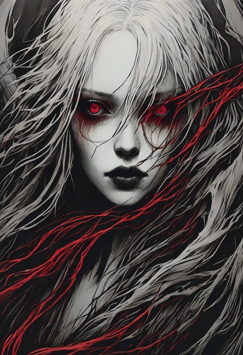 macabre style, (DonMB01dD4rkXL:1.4), centered composition,  , (albino:1.3) (nymph:1.3), (albinism:1.4), Lengthened Rectangular Face with Noticeable Jaw and Cheekbones, Clean, Straight Eyebrows, Wide-Set Close-Set Eyes, Majestic Aquiline Nose, Full Lips, windswept (Fine) (stylish short white hair:1.3) (Close up:1.2), Dutch Angle), (dynamic composition:1.2), (shallow depth of field:1.2), bright lighting vibrant, in the style of (Ansel Adams:1.3) (Rule of thirds:1.1) Show less goth makeup, surreal. velvet bodice, gothic garden, moonlight, gnarled and twisted branches, cobwebs, decaying leaves, draped in ivy, jack-o-lantern, wet, black liquid, partially submerged, (eerie, mysterious, liminal fog, ethereal wisps), (triangle, geometric shapes, abstract geometric gradients:1.2) : 8]. low contrast, depth of field, blurry, bokeh, grainy texture, muted crimson colors, spooky, dark and moody, a mesmerizing blend of light and shadow. high quality, 4k, 8k, masterpiece, two tone cinematic lighting <lora:DonMB01dD4rkXL:0.8>, dark, gothic, grim, haunting, highly detailed