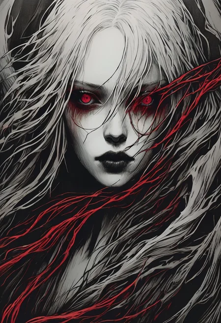 macabre style, (DonMB01dD4rkXL:1.4), centered composition,  , (albino:1.3) (nymph:1.3), (albinism:1.4), Lengthened Rectangular Face with Noticeable Jaw and Cheekbones, Clean, Straight Eyebrows, Wide-Set Close-Set Eyes, Majestic Aquiline Nose, Full Lips, windswept (Fine) (stylish short white hair:1.3) (Close up:1.2), Dutch Angle), (dynamic composition:1.2), (shallow depth of field:1.2), bright lighting vibrant, in the style of (Ansel Adams:1.3) (Rule of thirds:1.1) Show less goth makeup, surreal. velvet bodice, gothic garden, moonlight, gnarled and twisted branches, cobwebs, decaying leaves, draped in ivy, jack-o-lantern, wet, black liquid, partially submerged, (eerie, mysterious, liminal fog, ethereal wisps), (triangle, geometric shapes, abstract geometric gradients:1.2) : 8]. low contrast, depth of field, blurry, bokeh, grainy texture, muted crimson colors, spooky, dark and moody, a mesmerizing blend of light and shadow. high quality, 4k, 8k, masterpiece, two tone cinematic lighting <lora:DonMB01dD4rkXL:0.8>, dark, gothic, grim, haunting, highly detailed