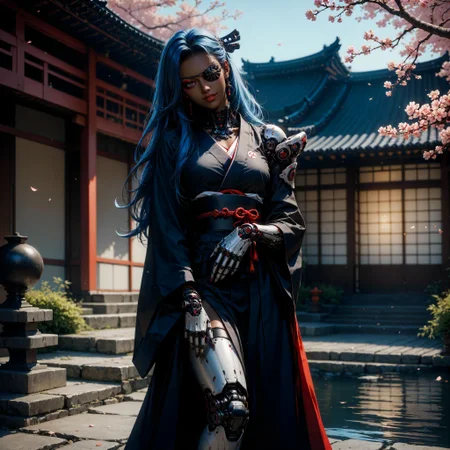 (score_9, score_8_up, score_7_up,), (thick lineart, sharp edges, cel shading, linear hatching)
BREAK
gothic architecture, japanese garden,
BREAK
full body, 1women, dark dark-skinned female, blue hair, long hair, red eyeliner, head tilt, cybernetic neck, bionic torso, bionic skin, japanese clothes, sexually suggestive, euphemism, left eyepatch,
<lora:Bad_Hands_lora:0.8>