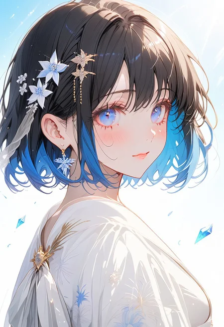 1girl, solo, ((Shion Tachibana, Perfect Face, Short hair, Black hair, Multicolored Blue hair, Expressive eyes, Blue crystal eyes)), expressive face, blushing, closed mouth, perfect body, perfect breast, tall, white skin, wedding dress, gold ornament, hair ornament, church, blue sky, cinematic lighting , cinematic angle, soft light , color detail, backlighting, Depth of field, long exposure, light steps, intricate colors, vibrant colors, negative_hand, easynegative, verybadimagenegative_v1.3,