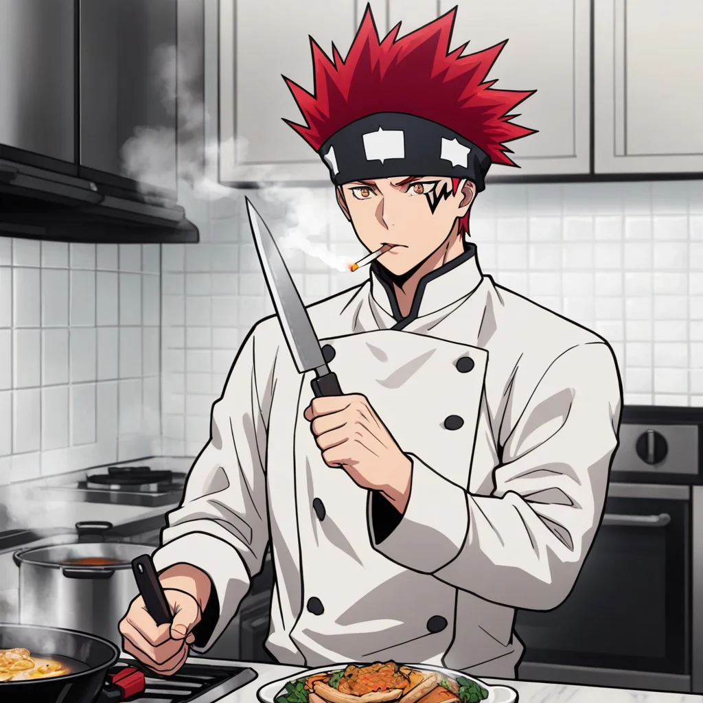 masterpiece, best quality, amazing quality, absurdres, newest, detailed background, definition so sharp, Ultra-HD, 8K cinematic, very awa, impressionate, amazing quality, highres,
solo, male focus, manly,
1boy, d0tb_red hair, d0tb_brown eyes, d0tb, spiked hair, facial tattoo, headband, smoking, smoke,
cooking, holding knife, determined expression, steam, kitchen, vibrant colors, chef's uniform, hot-blooded, energetic, playful, cool, focused, sparkling eyes,