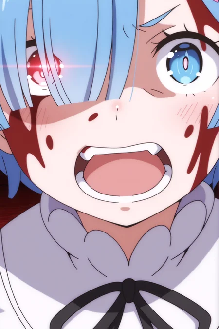 <lora:Rem:0.8> breast rem (re:zero), 1girl, blue hair, red eyes, demon form, angry expression, blood on face, roswaal mansion maid uniform, white frilled collar, black bow tie, dark background, red lighting, intense scene, close-up, face focus, black dress, white trim, glowing eyes, red glow, dark atmosphere, blood splatter, pink x-shaped hair clip, glowing horn