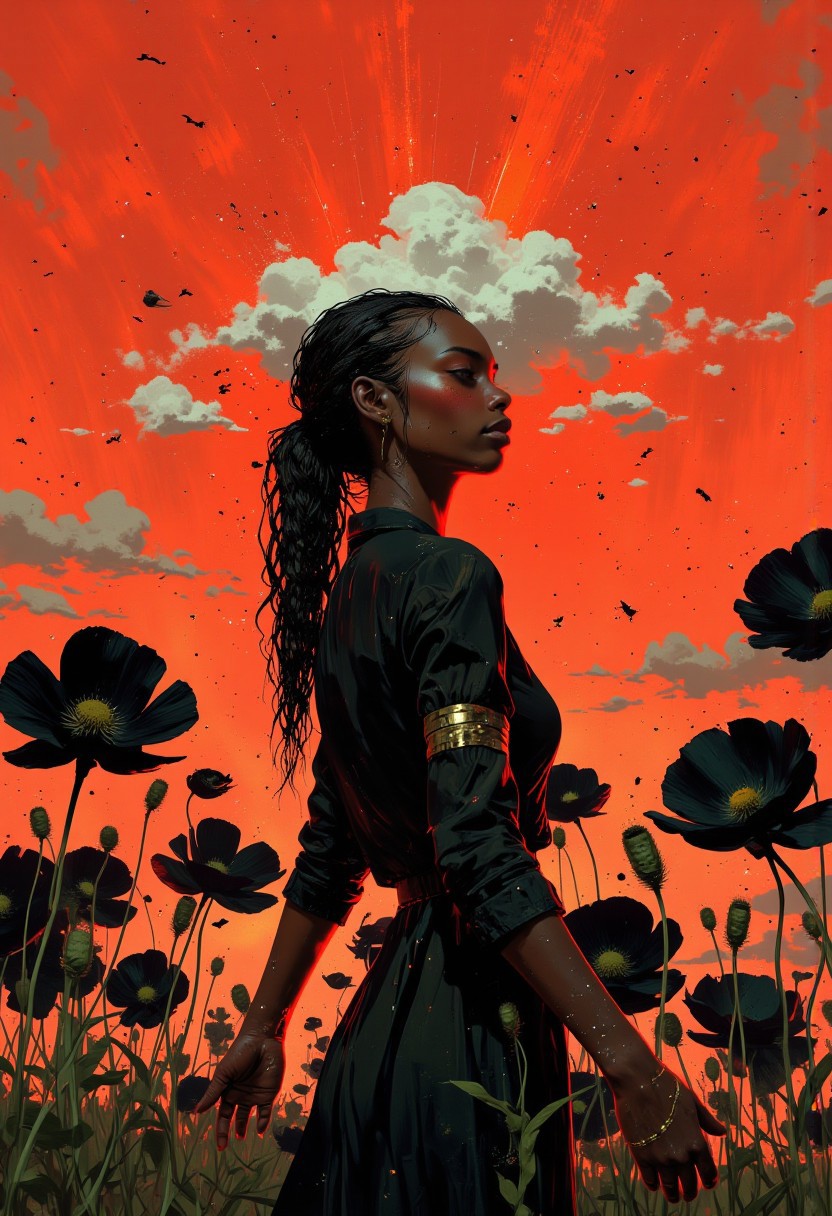 mythp0rt, pscho_4rt, surreal, abstract, glitch, A hyper-realistic digital portrait of a young woman with long, intricately braided hair, captured from a low-angle perspective that accentuates her towering, ethereal presence as she stands gracefully in an open field. Her rich black skin gleams softly under the surreal red sky, her short, sleek black hair providing a dramatic contrast to the monochromatic black elements surrounding her. She wears a sleek, form-fitting black dress with long sleeves, its smooth, elegant texture mirroring the glossy black poppies that stretch across the field, their delicate petals and inky centers blending seamlessly into the scene. Above her, a surreal fluffy white cloud floats just over her head, partially covering it and casting a striking juxtaposition against the intense red hues of the sky. Her expression is serene, eyes gently closed, with her arms outstretched in a gesture of calm surrender, appearing to float weightlessly among the dark blossoms. The vibrant, red-bathed sky, dotted with soft white clouds, enhances the dreamlike, otherworldly atmosphere, drawing the viewer into this poetic and tranquil moment. Every element, from the subtle shimmer of her dress to the textured petals of the black flowers and the dynamic lighting of the surreal red sky, is rendered with extraordinary precision, crafting a masterpiece of surreal beauty and mystery. HD, 8K quality, ultra-detailed, masterpiece artwork, flawless anatomy.