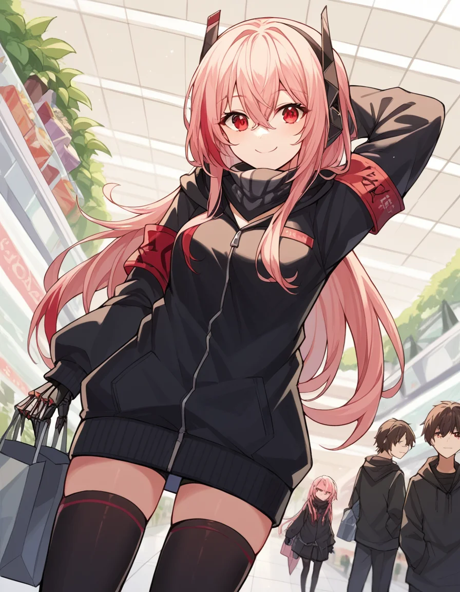 score_9, score_8_up, score_7_up, source_anime, <lora:girlsfrontline-m4-sopmod-ii-ponyxl-lora-nochekaiser:1>, m4 sopmod ii, hair between eyes, red eyes, pink hair, streaked hair, red hair, sidelocks, long hair, multicolored hair, two-tone hair,, armband, black gloves, black jacket, black scarf, black thighhighs, gloves, hair ornament, headgear, headphones, holster, hood, hooded jacket, jacket, mechanical hands, red armband, scarf, thighhighs, track jacket,, mall, shops, people, shopping, big, smile, hand behind head, , looking at viewer, solo,, dutch angle, cowboy shot