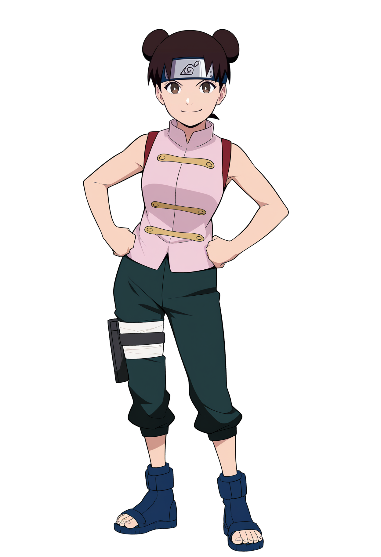 masterpiece, best quality, very aesthetic, absurdres,
1girl, ytenten, brown eyes, brown hair, short hair, double bun, forehead protector,
konohagakure symbol, bare shoulders, sleeveless shirt, pants, bandages, toeless shoes,
full body, standing, hands on hips, 
smile, looking at viewer, solo, simple background, white background,   <lora:TentenGeninNoobXL_byKonan:1>