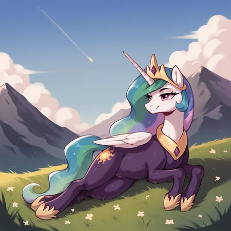 score_9, score_8_up, score_7_up, score_6_up, score_5_up, score_4_up, rating_explicit, outdoors, purple (b34n bodysuit:1.2), solo, feral pony, princess celestia, evil smile, closed mouth,BREAK mountain, day, sky, flower, mountainous horizon, blue sky, grass <lora:Smooth Anime Style LoRA XL:1> <lora:b34n-animaginexl-1-000009:1.0>