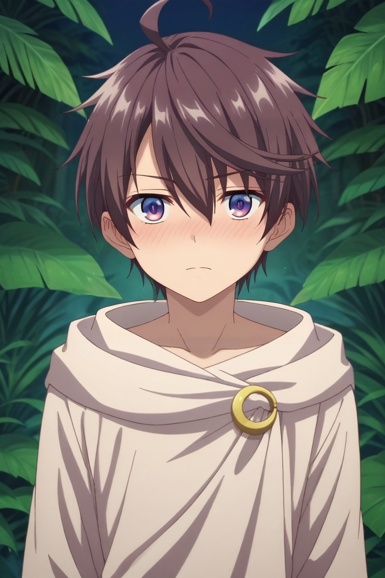 score_9, score_8_up, score_7_up, source_anime, rating_safe, , anime screencap, , official style, looking at viewer, depth of field, 1boy, solo, male focus, <lora:leonis_death_magnus_pony:0.78>, leonis_death_magnus, brown hair, purple eyes, short hair, hair between eyes, bangs, ahoge, symmetry, jungle, rainforest, ruins, night, crescent moon, legs up, embarrassed, nose blush, , <lora:sdxl_lightning_8step_lora:1>