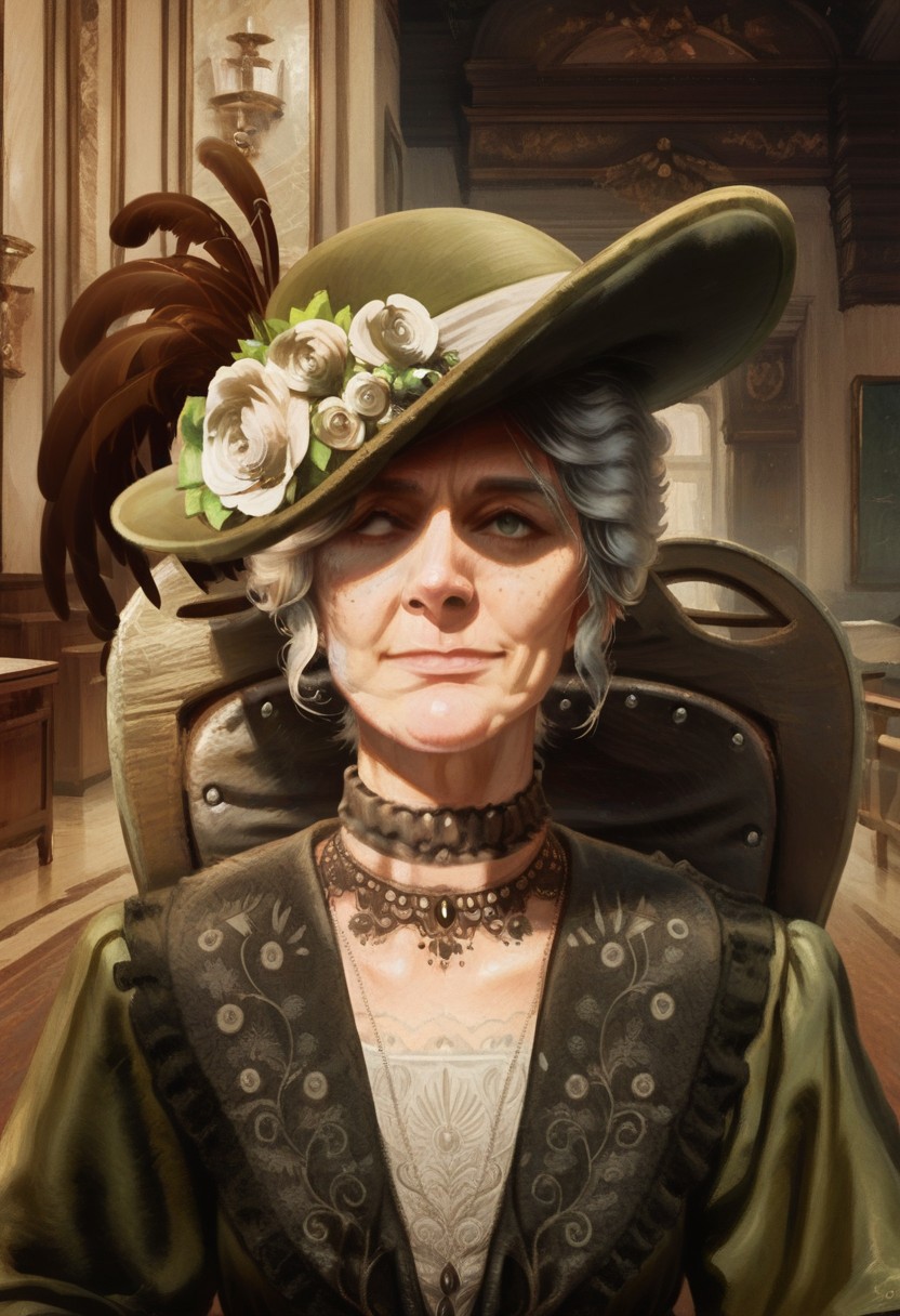 score_9_up, score_8_up, score_7_up, score_6_up, 1girl, solo, Ant0nia_LoP, grey hair, short hair, white eye, green eye, smile, green dress, lace, green hat, hat feather, hat flower, choker, necklace, lace gloves, sitting in wheelchair, upper body, indoors, hotel interior, (realistic, painted art)