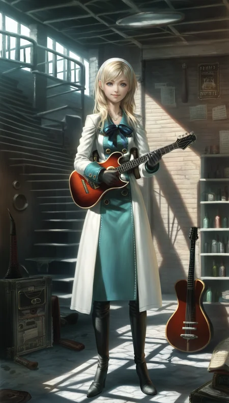 score_9,score_8_up,score_7_up,
<lora:Leanne:0.9>,
highres,photorealism,
1girl, solo, blonde hair, long hair, bangs, white hairband, dark blue neck ribbon, blue eyes, facing viewer, smile, white coat with teal accents, necklace, brown belt, belt pouch, black gloves, black knee boots, full body, standing in the center of the scene, front view, indoors, steampunk theme, living room, brick walls, metal pipes, concrete floor, dim lighting, neon signs, vintage furniture, old tv, bookshelves with bottles, dartboard, guitar case, staircase leading up, scattered signs and posters, small table with bottles