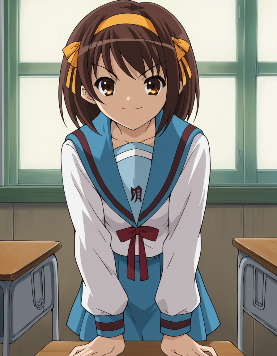 score_9, score_8_up, score_7_up, source_anime,
haruhisuzumiya,  <lora:haruhi-suzumiya-s1-ponyxl-lora-nochekaiser:1>,
haruhi suzumiya, short hair, brown hair, brown eyes, hairband, medium hair, ribbon, hair ribbon,
skirt, long sleeves, school uniform, serafuku, sailor collar, blue skirt, blue sailor collar, winter uniform, kita high school uniform,
indoors, classroom, bent over, smile,
looking at viewer, cowboy shot, solo,