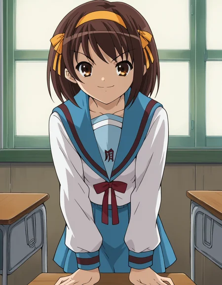 score_9, score_8_up, score_7_up, source_anime,
haruhisuzumiya,  <lora:haruhi-suzumiya-s1-ponyxl-lora-nochekaiser:1>,
haruhi suzumiya, short hair, brown hair, brown eyes, hairband, medium hair, ribbon, hair ribbon,
skirt, long sleeves, school uniform, serafuku, sailor collar, blue skirt, blue sailor collar, winter uniform, kita high school uniform,
indoors, classroom, bent over, smile,
looking at viewer, cowboy shot, solo,