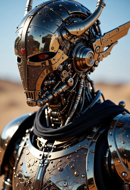 ajchrobo, An ultra-detailed sci-fi portrait pushing the boundaries of artistic precision, featuring a mechanical knight forged from futuristic robotic components. The sleek black exoskeleton is composed of interlocking panels with fractal circuit patterns that repeat at multiple scales—from massive techno-skull motifs to microscopic silicon etchings—each layer revealing deeper mechanical intricacy under magnification. Its surface exhibits advanced material properties, including subsurface photon scattering in shaded joints and razor-sharp specular reflections along high-tension edges. Chrome-gold trim contains thousands of micro-engraved vignettes depicting the knight’s machine-age battles, each panel no larger than a grain of sand, executed with nano-scale precision. The armor’s blade-like spikes spiral outward with mathematical symmetry, following the golden ratio and etched with nano-serrations reminiscent of advanced weapon-grade alloys. The horned helmet is an engineering marvel, with each curved horn segmented into hundreds of concentric rings, their interiors housing crystalline optics that refract light into infinite internal reflections. The cloak, made of adaptive smart-fabric, flows with simulated fluid dynamics, its weave composed of thousands of dynamic threads that shift color subtly through deep reds and metallic shades as light passes over them. desert backdrop, blue sky