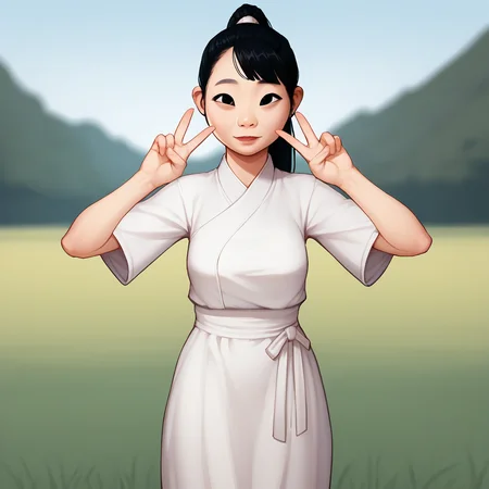 score_9_up, score_8_up, BREAK, Asian, 1girl, solo, black hair, ponytail, black eyes, white dress, cowboy shot, double v, <lora:AsianWoman_Face_PXL_Leaf1:1>, outdoors, depth of field,