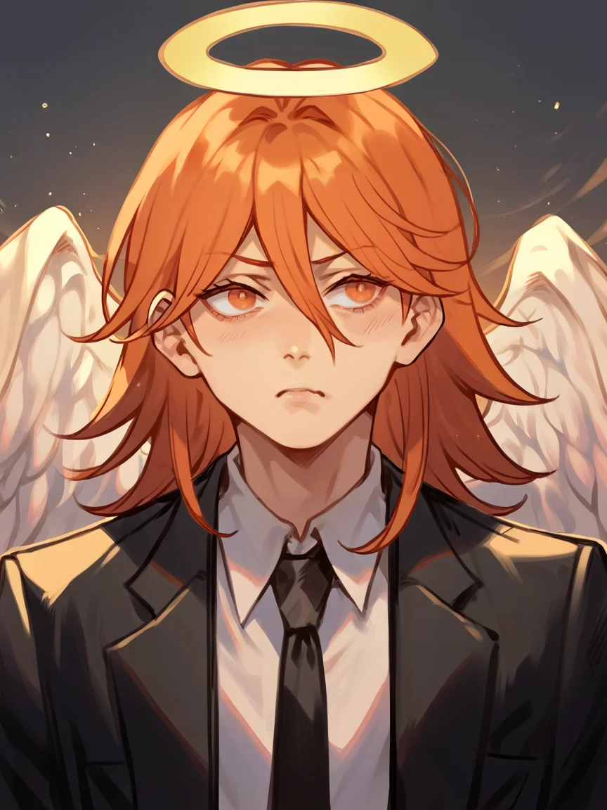score_9, score_8_up, score_7_up, score_6_up, score_5_up,  <lora:HCXLP:1> hc,  <lora:4ng3ld3v1lXLP:1> 1boy, halo, 4ng3ld3v1l, orange hair, angel wings, suit, black necktie