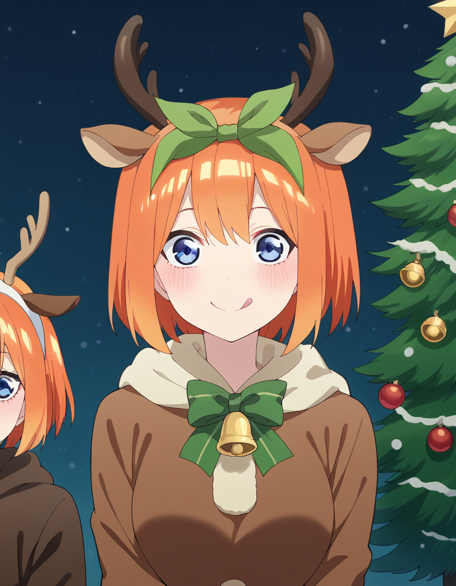score_9, score_8_up, score_7_up, source_anime, <lora:yotsuba-nakano-s2-ponyxl-lora-nochekaiser:1>, yotsuba nakano, bangs, short hair, blue eyes, hair between eyes, hair ribbon, hairband, orange hair, green ribbon, large breasts,, <lora:reindeer-costume-ponyxl-lora-nochekaiser:1>, reindeer costume, animal costume, reindeer antlers, antlers, fake antlers, reindeer hood, christmas, red nose, deer ears, deer tail, christmas tree, bell, horns, reindeer,, blush, smile, tongue out, looking at viewer,,