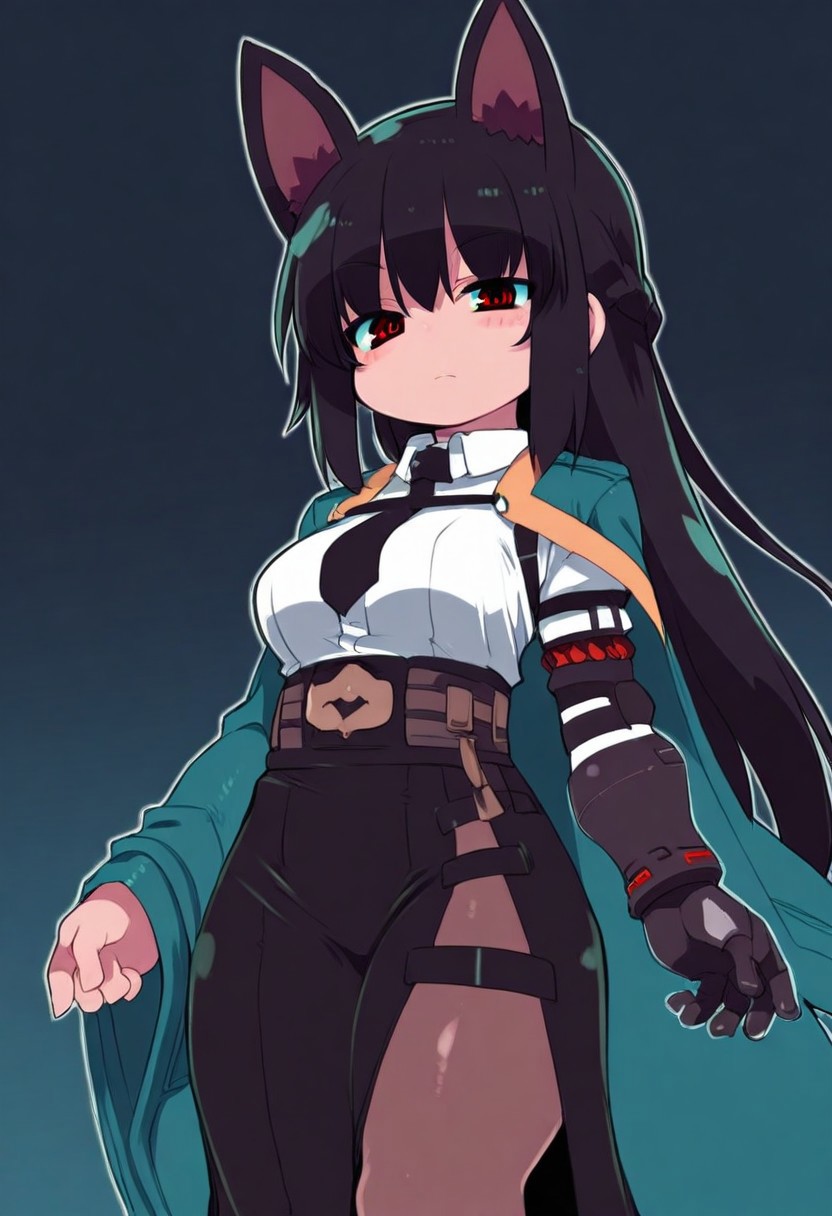 Zankuro, 1girl, solo, long hair, black hair, red eyes, braid, animal ears, white shirt, necktie, coat, single wide sleeve, asymmetrical clothes, single fingerless glove, single mechanical arm, skirt, side slit, pantyhose,