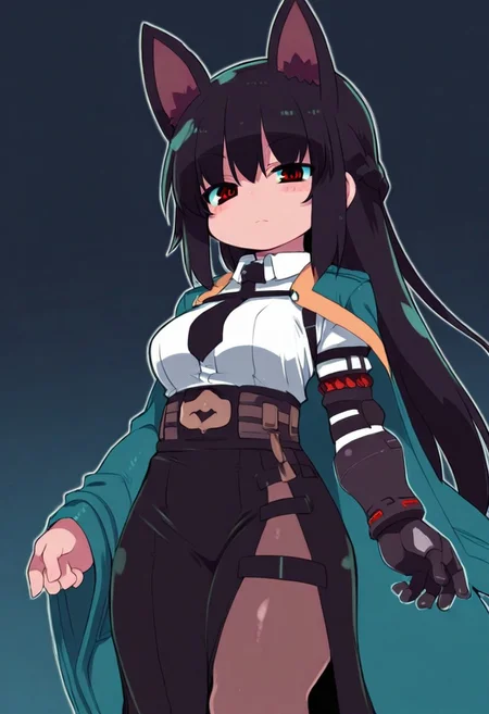Zankuro, 1girl, solo, long hair, black hair, red eyes, braid, animal ears, white shirt, necktie, coat, single wide sleeve, asymmetrical clothes, single fingerless glove, single mechanical arm, skirt, side slit, pantyhose,