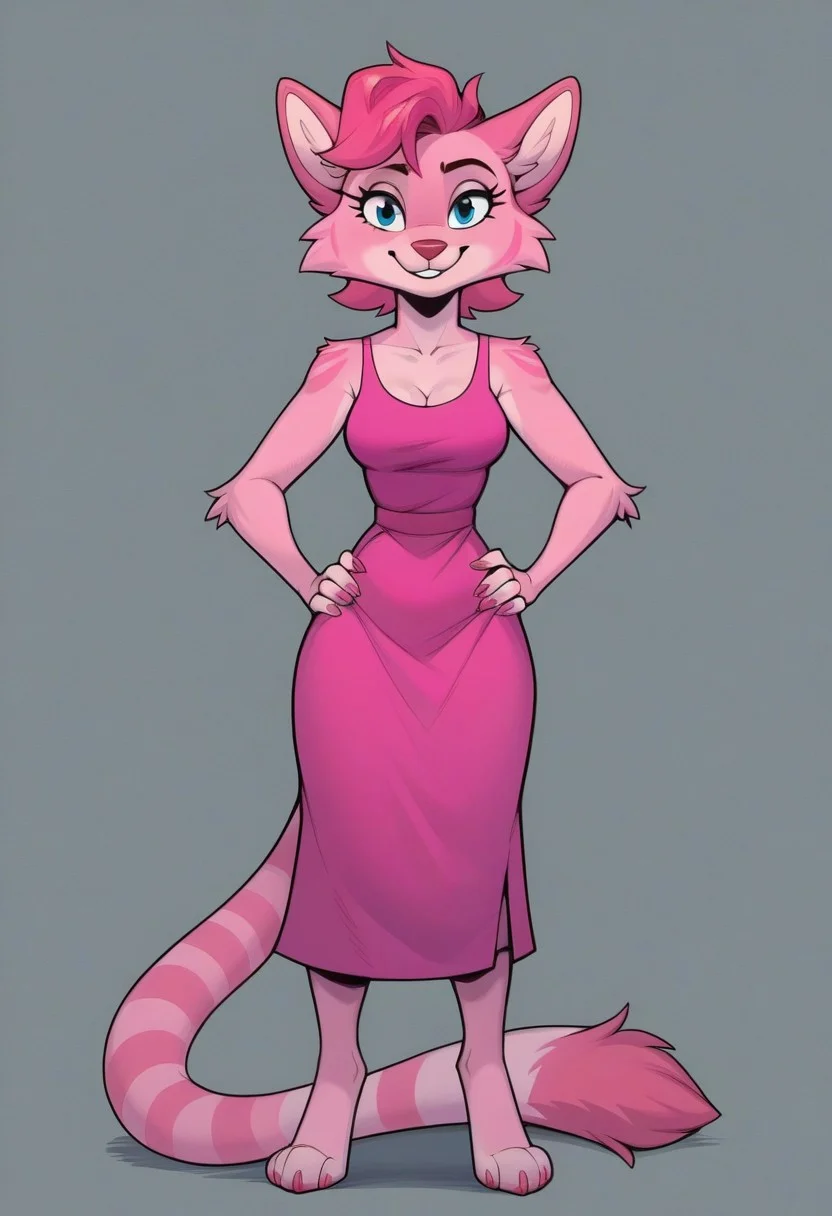 score_9, score_8, score_7, picturd1,
((solo)), 1girl,score_6_up, source_furry, solo, female, anthro, furry, Sonya, pink fur, curly short hair, striped racoon tail, pink dress, standing, hands on waist, 
BREAK, looking at viewer, gray background, full body