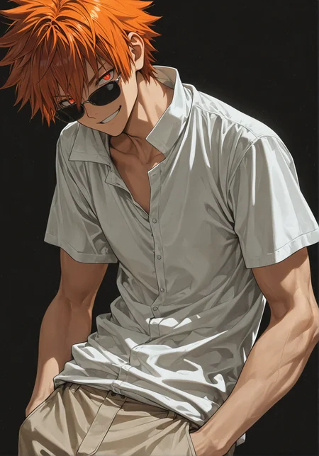 masterpiece, best quality, high quality, very awa,
ichigo kurosaki, muscular, slim, popped collar, khaki pants, white shirt, hands in pockets, sunglasses, black background, spiky hair, male, short hair, orange hair, grin, solo, glowing eyes,