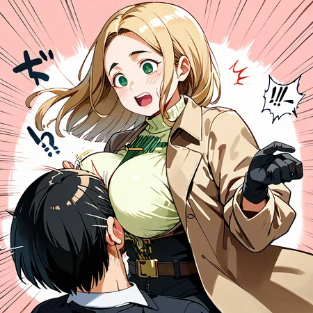 score_9, score_8_up, score_7_up, score_6_up, source_anime, rating_safe, <lora:_sdxl-chichibinta-pony:0.5> (((chichibinta, body turn and tits swinging, slap someone with swinging boobs, tits slap, couple, hetero, duo, from side, head on breasts, head between breasts, motion lines, open mouth, surprised, face to breasts, breast smother, bumping on breasts, run into someone breasts))),
BREAK (1girl, (curly hair), long hair, (black hair), mature female, (parted hair:1.7), (round face), (no_bangs:1.3), (no_fringe:1.6), looking at viewer, (thick eyebrows:0.9), (plump, curvy), round-chin, breasts, caucasian, down-turned eyes, (forehead:0.65), <lora:ETO_OCPonyXL:0.5> eto_oc, skindentation, naughty smile, thick thighs, wide hips, petite, busty, voluptuous, :o, surprised, looking at another, ((breasts on another head, slapping with her breasts))),
BREAK (<lora:albertwesker-guy-PONYv1:1> albertwesker, albert wesker, 1boy, blonde, black gloves, sunglasses, belt, pants, long coat, trench coat, black coat, black pants, toned, athletic, fit, slicked back hair, black turtleneck, zipper, mature male, looking at another, ((head on another breasts, being slapped by another breasts, head between another breasts, open mouth, surprised, breast smother, run into someone breasts))),