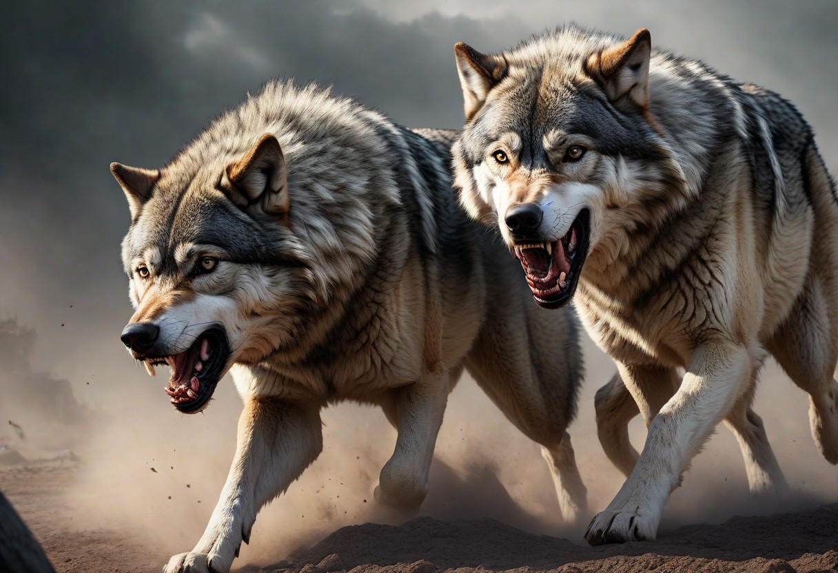 ultra-realistic rendering in phoro-realistic style with high quality, excellent resolution, clear, detailed and well-focused images, detailed and correct anatomy, depicting 2 huge ((wolf)) in a fierce battle for supremacy in the pack, ,blood in the mouth,aggressive behavior, fury, dynamic pose, discovery style, sci-fi, style