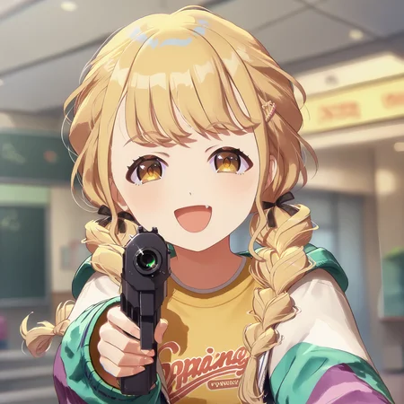 score_9, score_8_up, score_7_up, score_6_up, score_5_up, source_anime,
<lora:kotone.pony-v1.3:1>, kotone, school, happy,
<lora:aim-gun-xl-pony-v3-000016:1>, holding gun, aiming, aiming at viewer, finger on trigger, pistol, black gun,
