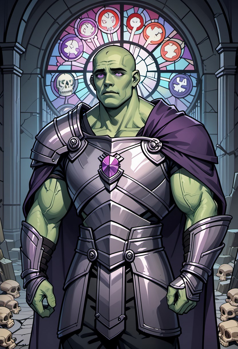 score_9, score_8_up, score_7_up, high quality, massive undead human male, bald, green skin, glowing purple eyes, muscular build, purple gem in chest, (purple cloak), black pants, (bone armor:1.3), abandoned gothic castle, towering spires covered in black ivy, cracked stone walls, shattered stained glass windows, rotting wooden doors hanging on broken hinges, flickering torchlight in the distance, cold winds howling through empty halls